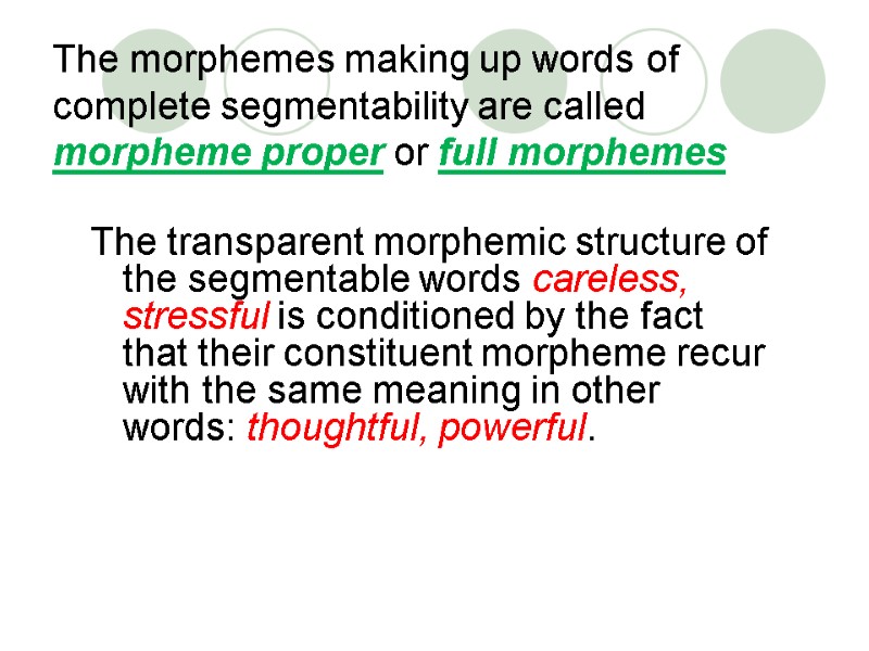 The morphemes making up words of complete segmentability are called morpheme proper or full